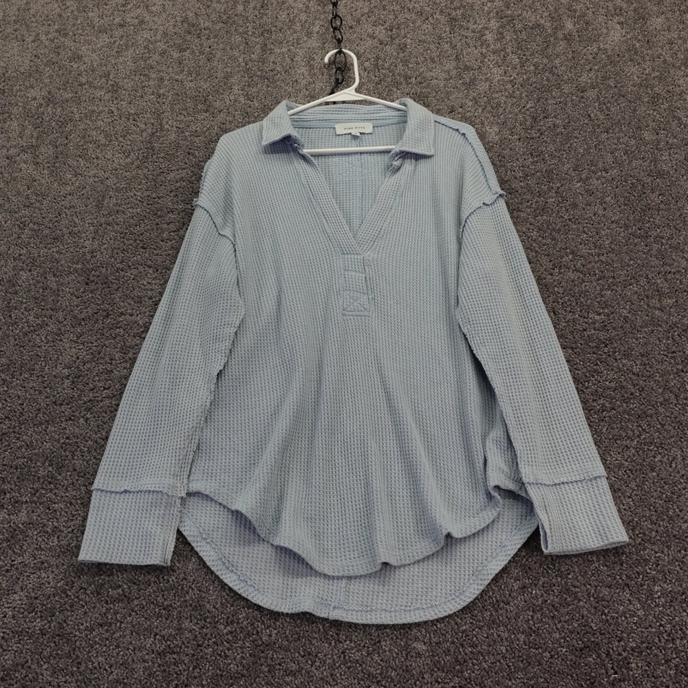 Pink Rose Pullover Womens Medium Light Blue Waffle Knit V Neck Long Sleeve